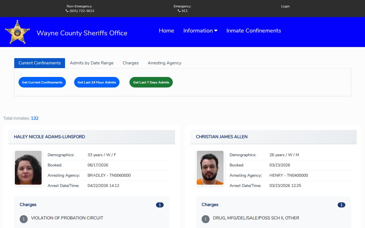 Wayne County Jail official booking record search interface