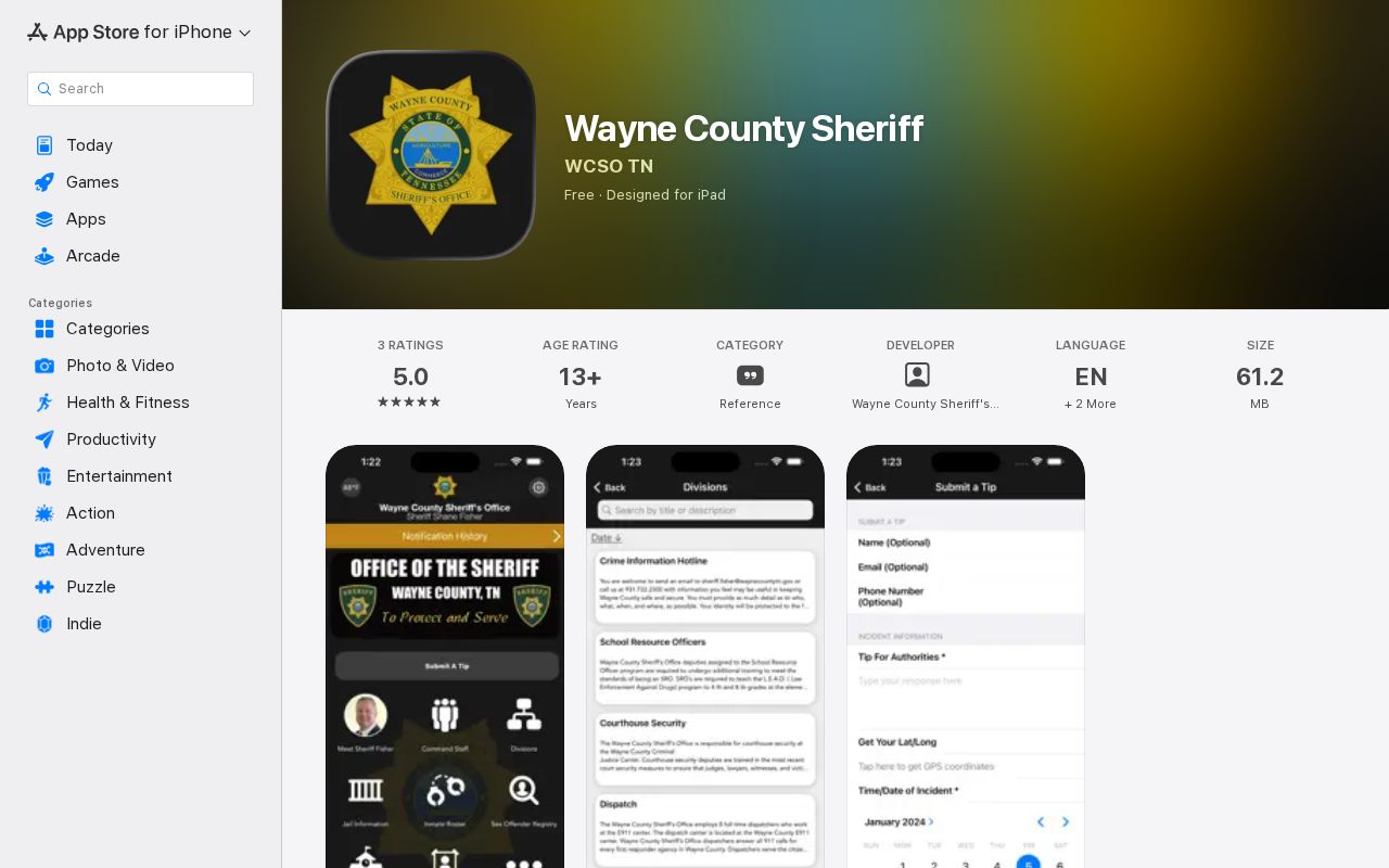 Wayne County Sheriff's Most Wanted app record listing on iOS